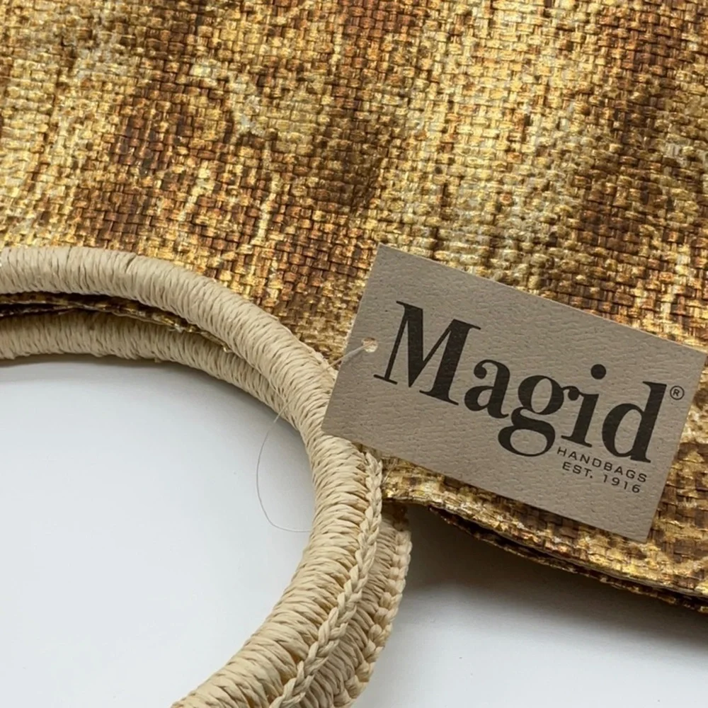 Magid METALLIC BRONZE SNAKESKIN PATTERN STRAW TOTE BAG WITH CIRCLE HANDLE